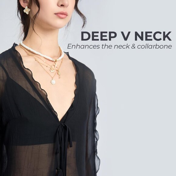 Womens Black Sheer Mesh Tie Front Lace V Neck Ruffle Slim Fit Summer Blouse - Picture 5 of 6